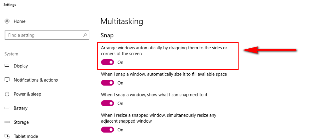 disable automatic window resizing in windows 10