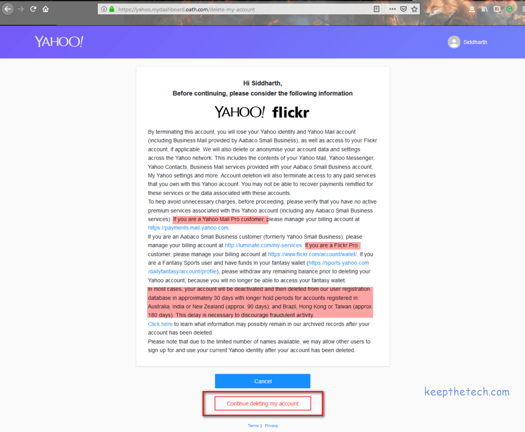 deactivate yahoo account info page