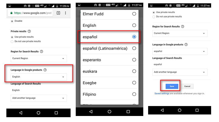 google chrome language androind changing using google search website 