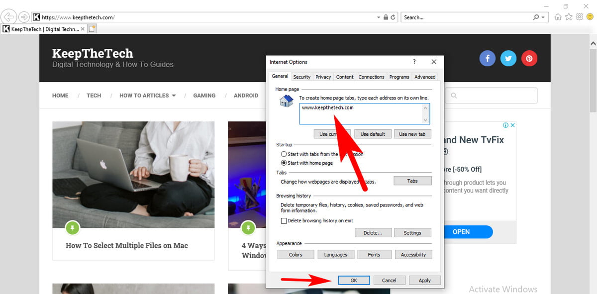 Change Homepage on Internet Explorer